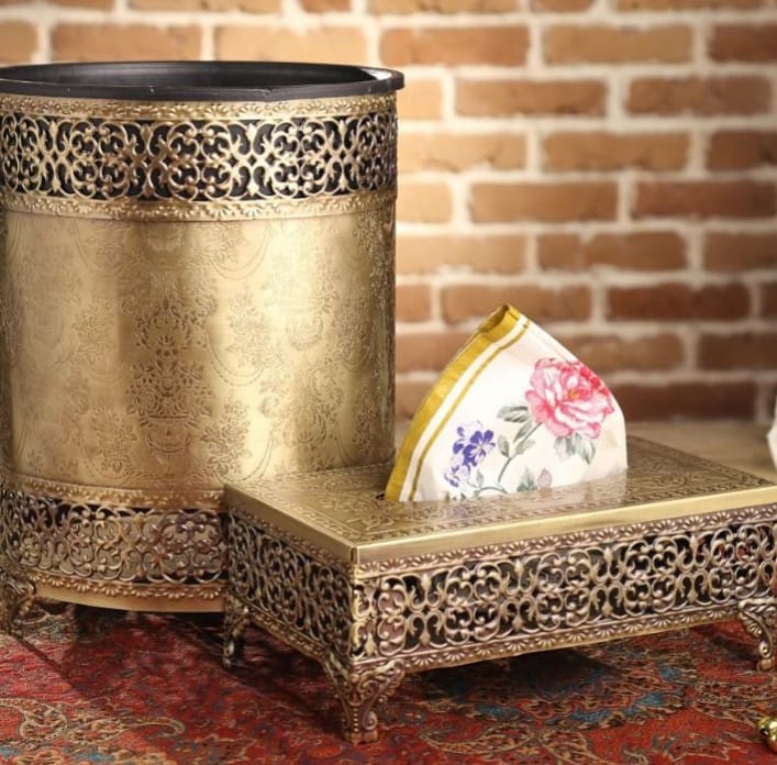 Antique metal Dustbin & Tissue Box 2 Piece Set