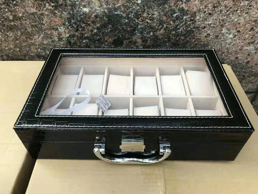 PU Leather Watch Storage Box with Handle (12 Slots)